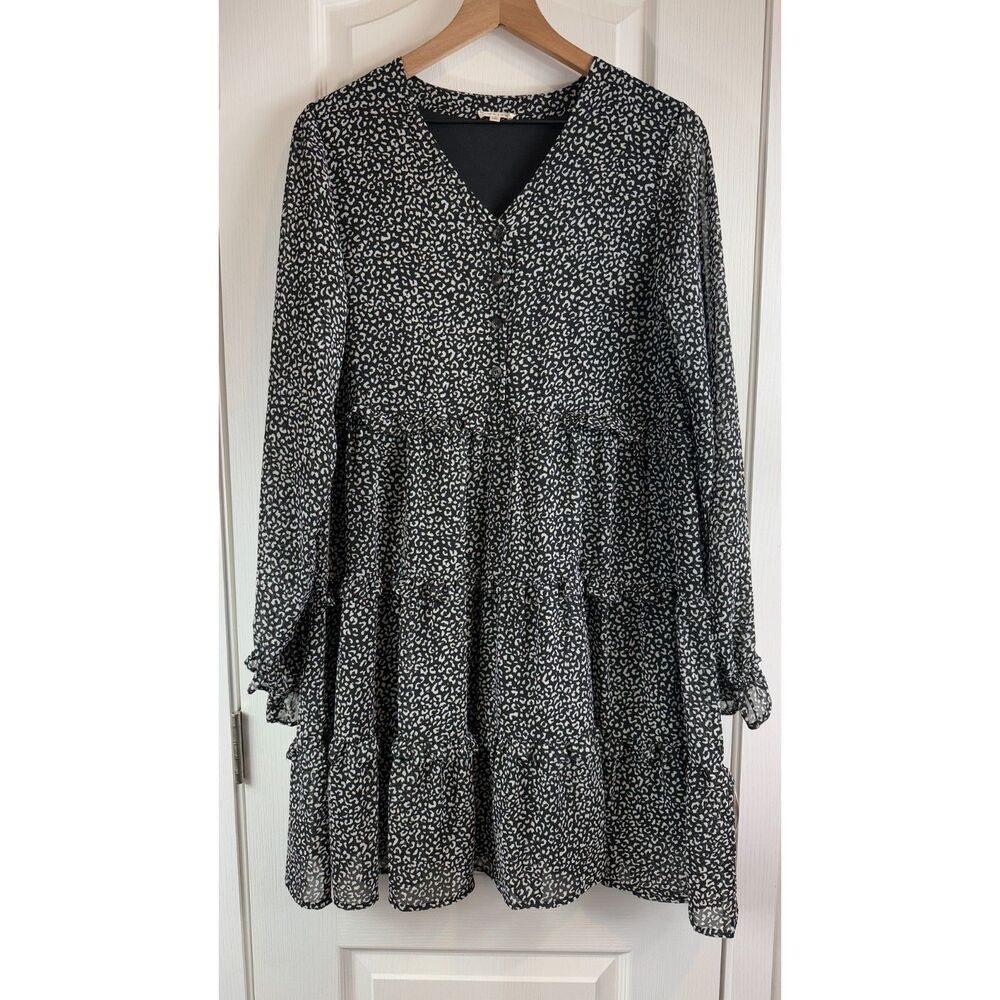 Jodifl Women's Long Sleeve Tiered Cheetah Print Dress Black White Size S